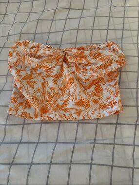 SHEIN Orange Floral Twist-Front Strapless Crop Top